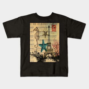 music notes ocean seashells vintage eiffel tower Kids T-Shirt